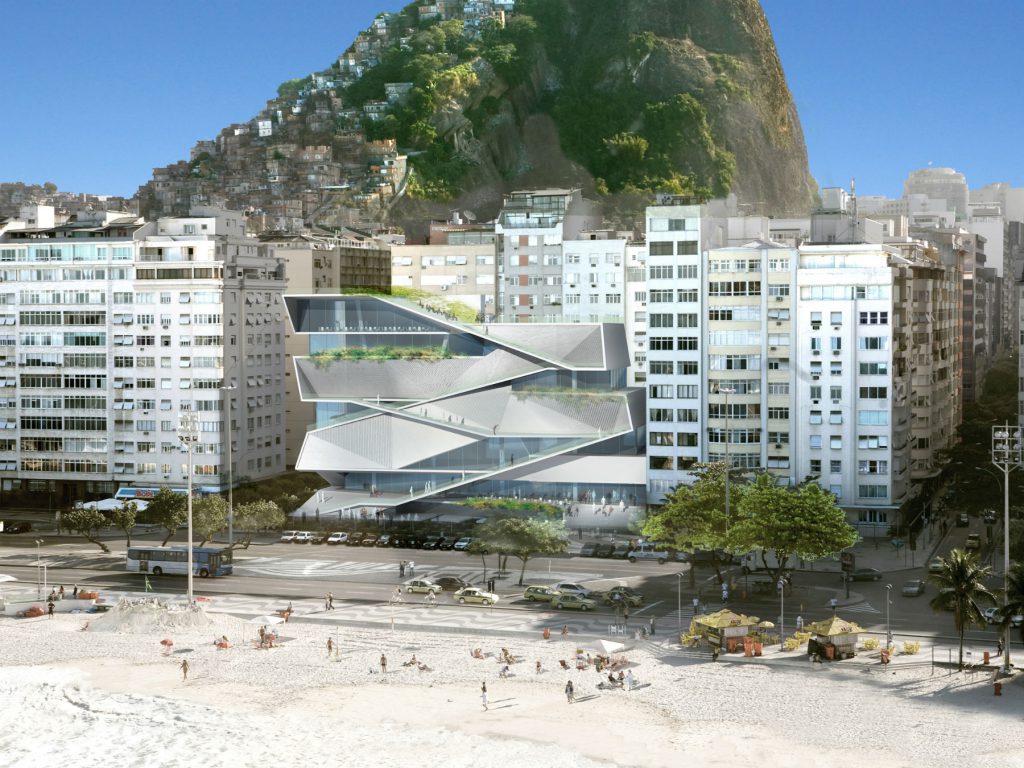 Projeção de como ficará a fachada da nova sede do MIS, na Praia de Copacabana / Divulgação